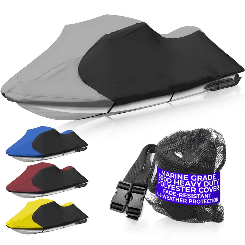 Jetpro Trailerable Jet Ski Cover, Waterproof Marine Grade 600D Heavy Duty Polyester PWC Cover Gray/Black Color Fits from 126"-135" 3 Seater - Image 1